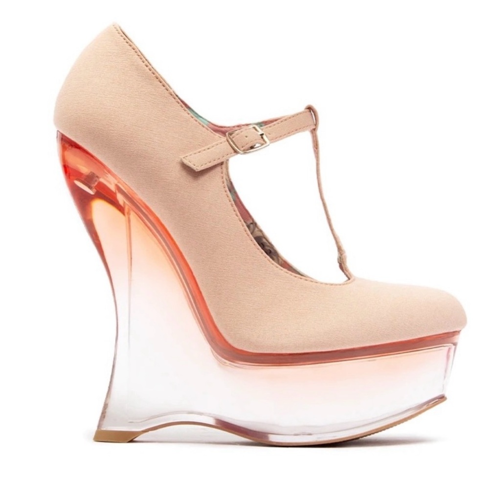 GLAM BLUSH PINK PLATFORM T-STRAP WEDGE SANDAL HEEL
